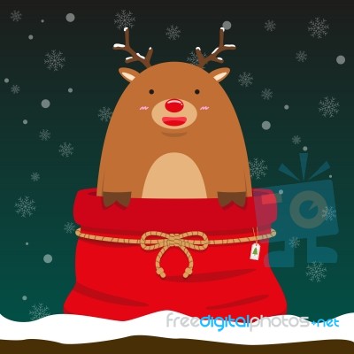 Cute Fat Big Reindeer Come Out Of Christmas Bag Stock Image