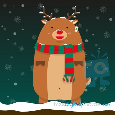 Cute Fat Big Reindeer Rudolf Stand Wear Green And Red Pattern Scarf Stock Image