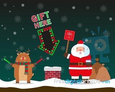 Cute Fat Big Santa Claus And Reindeer Signal To Send Gift To Chi… Stock Image