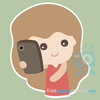 Cute Girl Calling By Phone, Cartoon Illustration Stock Image - Royalty ...