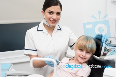 Cute Girl Child At Dental Clinic Stock Photo