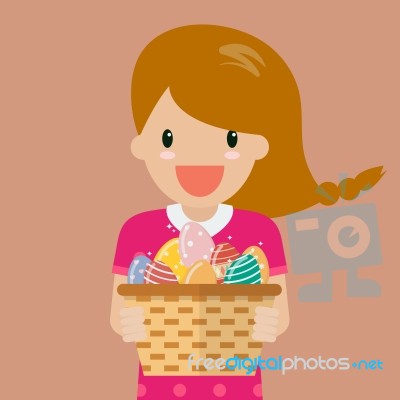 Cute Girl Holding Basket Full Of Easter Eggs Stock Image