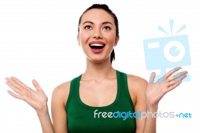 Cute Girl Laughing Heartily With Open Hands Stock Photo