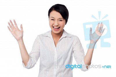 Cute Girl Laughing Heartily With Open Hands Stock Photo