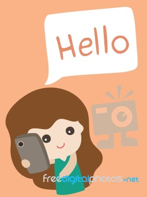 Cute Girl Saying Hello, Cartoon Illustration Stock Image