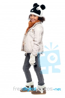 Cute Girl Winter Portrait, Full Length Shot Stock Photo