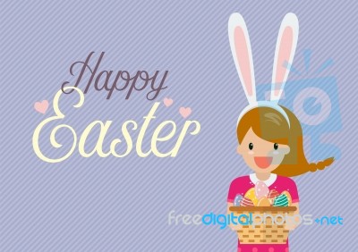 Cute Girl With Bunny Ears Mask Holding Basket Full Of Easter Egg… Stock Image