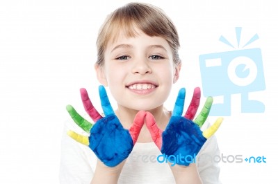 Cute Girl With Hands Painted Stock Photo