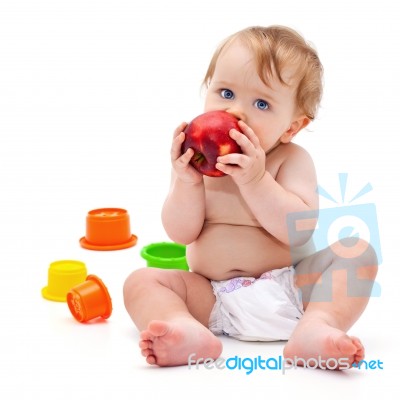 Cute Infant Boy With Apple Stock Photo