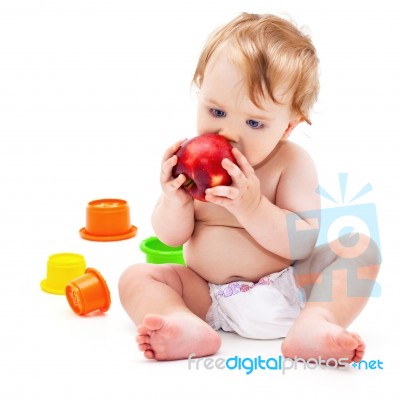 Cute Infant Boy With Apple Stock Photo