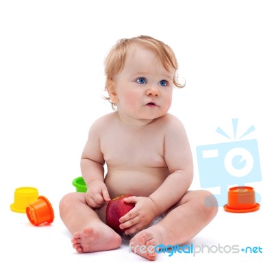 Cute Infant Boy With Apple Stock Photo