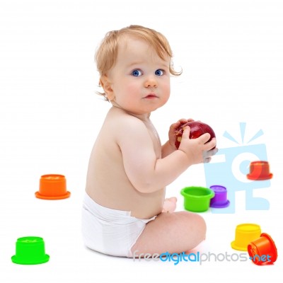 Cute Infant Boy With Apple Stock Photo