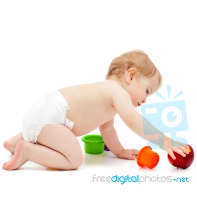 Cute Infant Boy With Apple Stock Photo