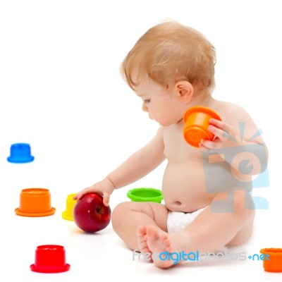 Cute Infant Boy With Apple Stock Photo