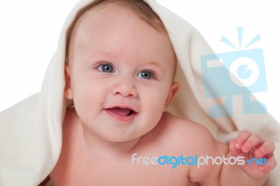 Cute Little Baby Boy Under Blanket Stock Photo