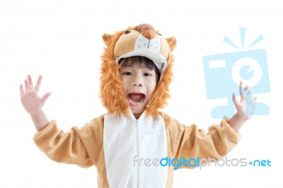 Cute Little Boy Dressed In Lion Suit Stock Photo