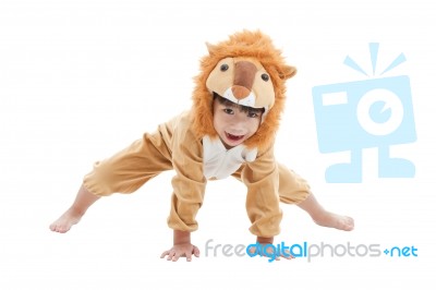 Cute Little Boy Dressed In Lion Suit Stock Photo