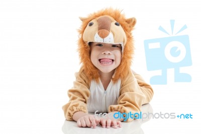 Cute Little Boy Dressed In Lion Suit Stock Photo