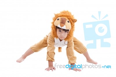 Cute Little Boy Dressed In Lion Suit Stock Photo