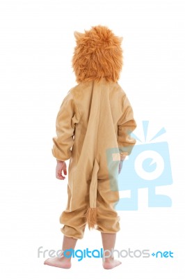 Cute Little Child Dressed In Lion Suit Stock Photo