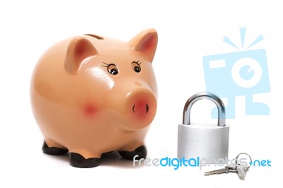 Cute Piggy Bank With Lock Stock Photo