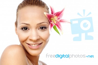 Cute Woman Face With Flower Stock Photo