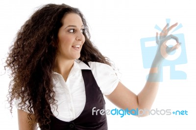 Cute Woman Showing Okay Hand Gesture Stock Photo