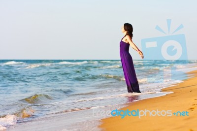 Cute Young White Women Relax On The Sea Stock Photo