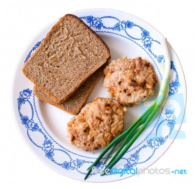 Cutlets, Bread And Onion Stock Photo