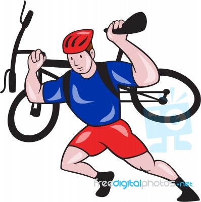 Cyclist Carry Mountain Bike On Shoulders Cartoon Stock Image