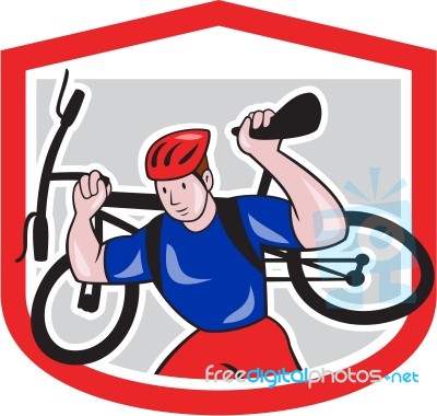 Cyclist Carrying Mountain Bike On Shoulders Cartoon Stock Image