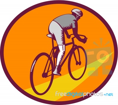 Cyclist Riding Bicycle Cycling Oval Woodcut Stock Image