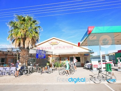 Cyclists At Bethanie In Namibia Stock Photo