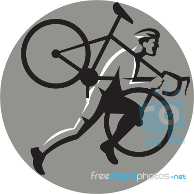 Cyclocross Athlete Carrying Bicycle Circle Retro Stock Image