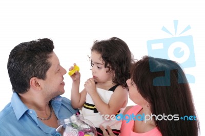 Dad, Wife And Daughter In The Studio On A White Background.  Foc… Stock Photo