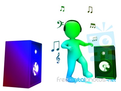 Dancing Disco Character Shows Loud Speakers And Songs Stock Image