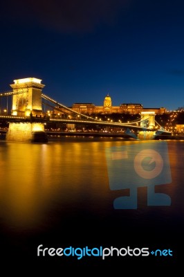 Danube Bridge Budapest At Night Stock Photo