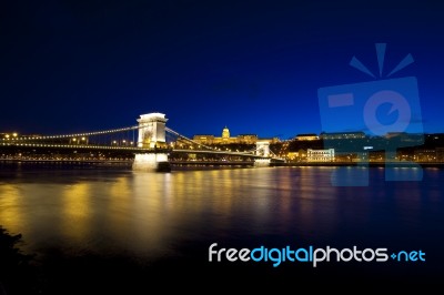 Danube Bridge Budapest At Night Stock Photo