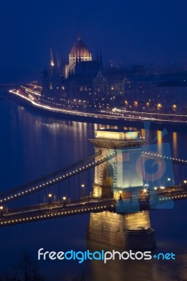 Danube Bridge Budapest At Night Stock Photo