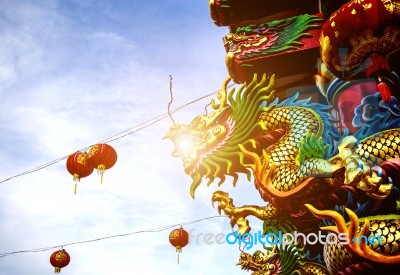 Dargon Statue On Shrine Roof ,dragon Statue On China Temple Roof As Asian Art Stock Photo