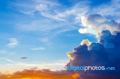 Dark Clouds And Dark Sky In Rainy Day, Cloudy And Stormy And Blue Sky Stock Photo