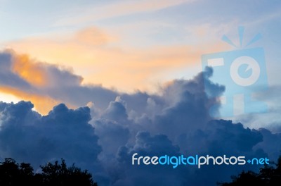 Dark Clouds And Dark Sky In Rainy Day, Cloudy And Stormy And Blue Sky Stock Photo