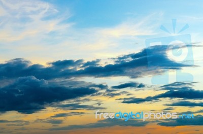 Dark Clouds And Dark Sky In Rainy Day, Cloudy And Stormy And Blue Sky Stock Photo