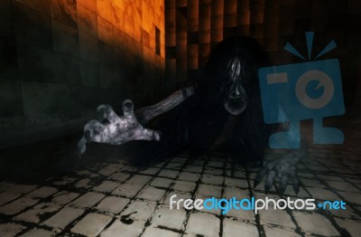 Dark Room,ghost Woman In Abandoned House,3d Illustration Stock Image