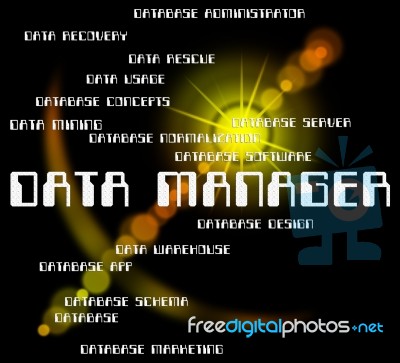 Data Manager Shows Bytes Director And Managers Stock Image