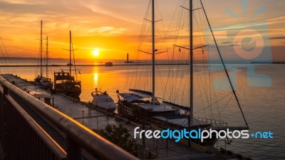 Dawn In The Seaport Stock Photo