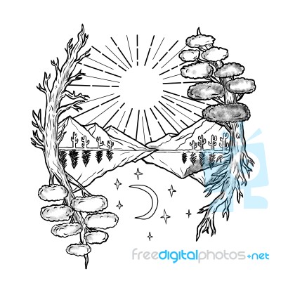 Day And Night Trees Mountains Tattoo Stock Image