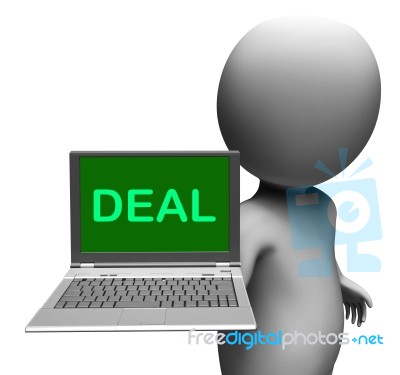 Deal Laptop Shows Agreement Contract Or Dealing Online Stock Image