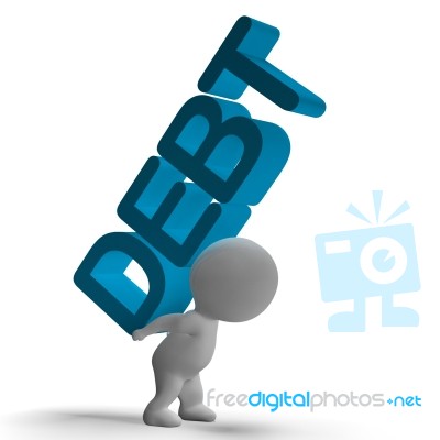 Debt Word And 3d Character Showing Bankruptcy And Poverty Stock Image