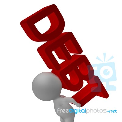 Debt Word And 3d Character Shows Bankruptcy And Poverty Stock Image